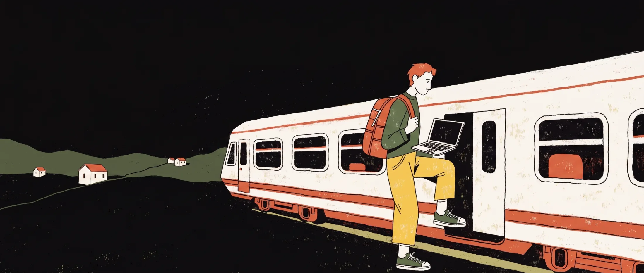 Ilustración: joven con portátil y mochila subiendo a un tren, con pueblos al fondo